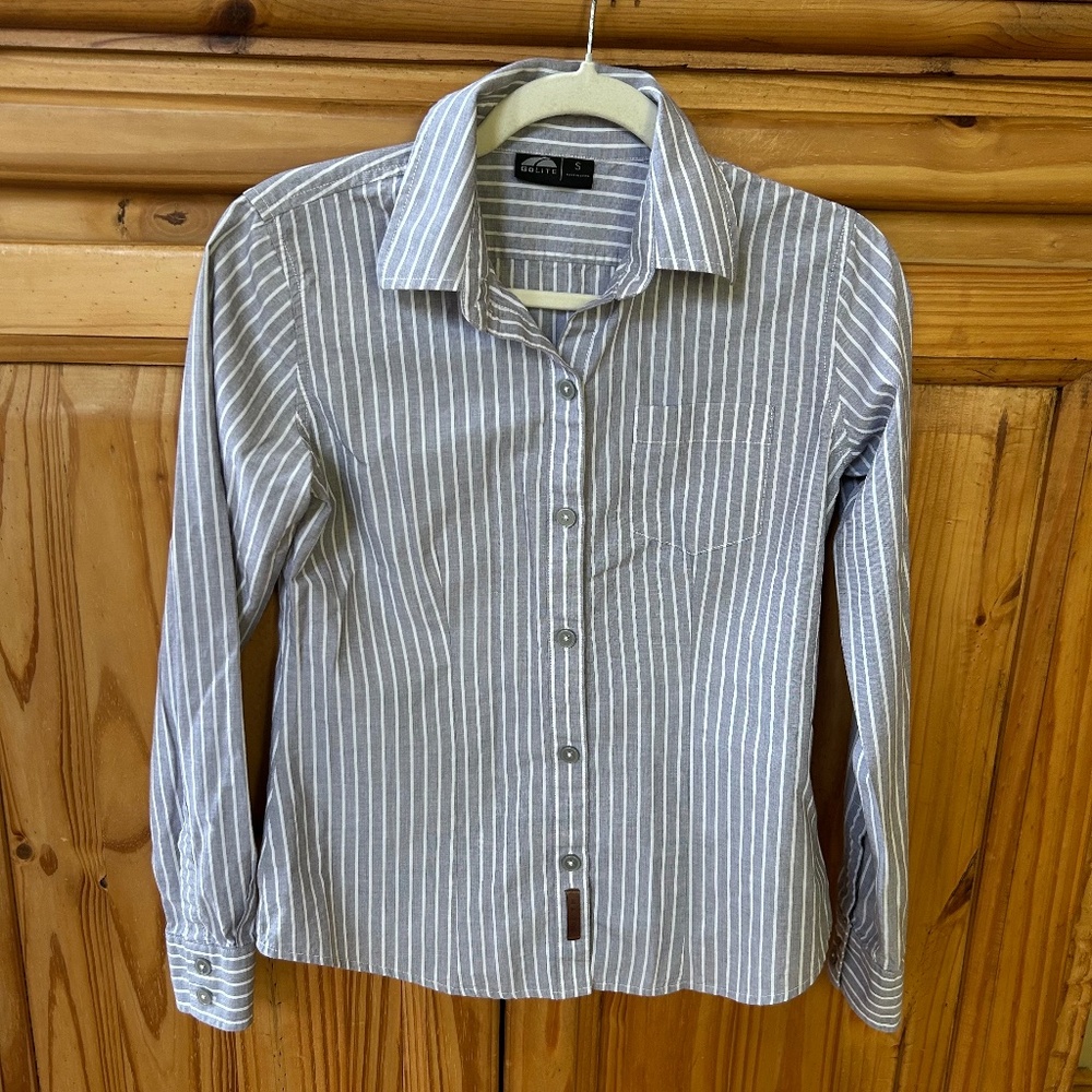 GOLITE Blouse 100% Cotton Gray and White Stripe‎ Fitted Pocket Women's Top Small